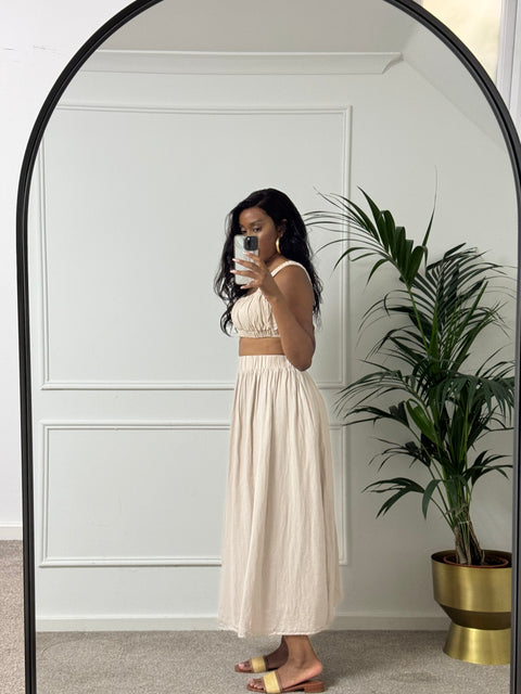 ASOS full linen A line midi skirt &  ruched crop top co-ord in stone