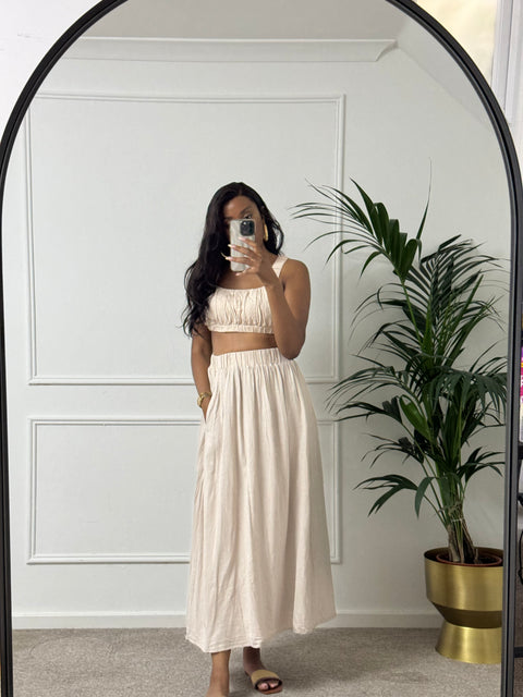 ASOS full linen A line midi skirt &  ruched crop top co-ord in stone