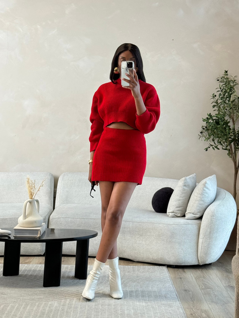 Zara red knit sweater and mini skirt co-ord