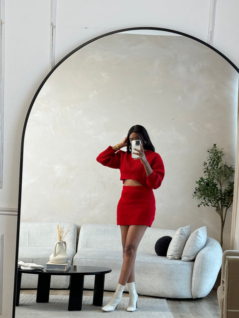 Zara red knit sweater and mini skirt co-ord