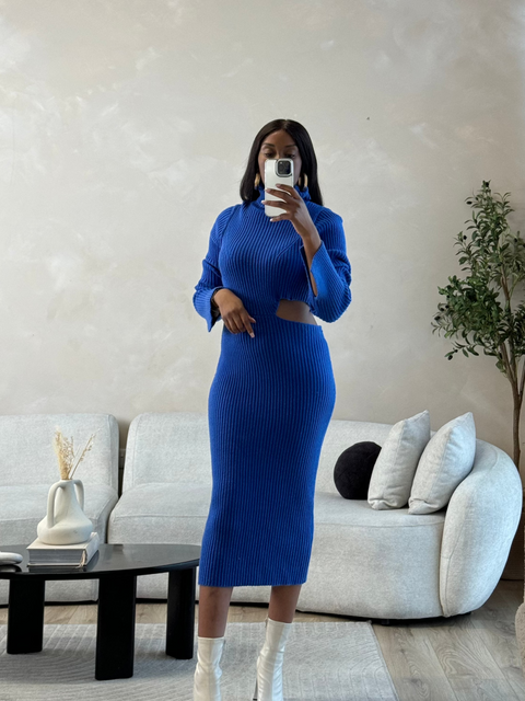 ASOS roll neck knitted cut out midi dress in blue